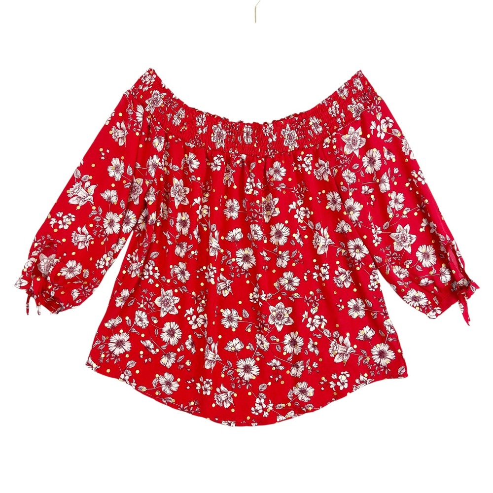 Justify‎ Red Floral Off the Shoulder Blouse Women 1X Smocked Top Tie Sleeve